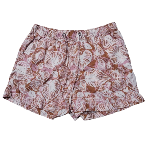 Tahari 100% Linen Tropical Leaf Printed Shorts Drawstring Pocket Brown Size M - Picture 1 of 4